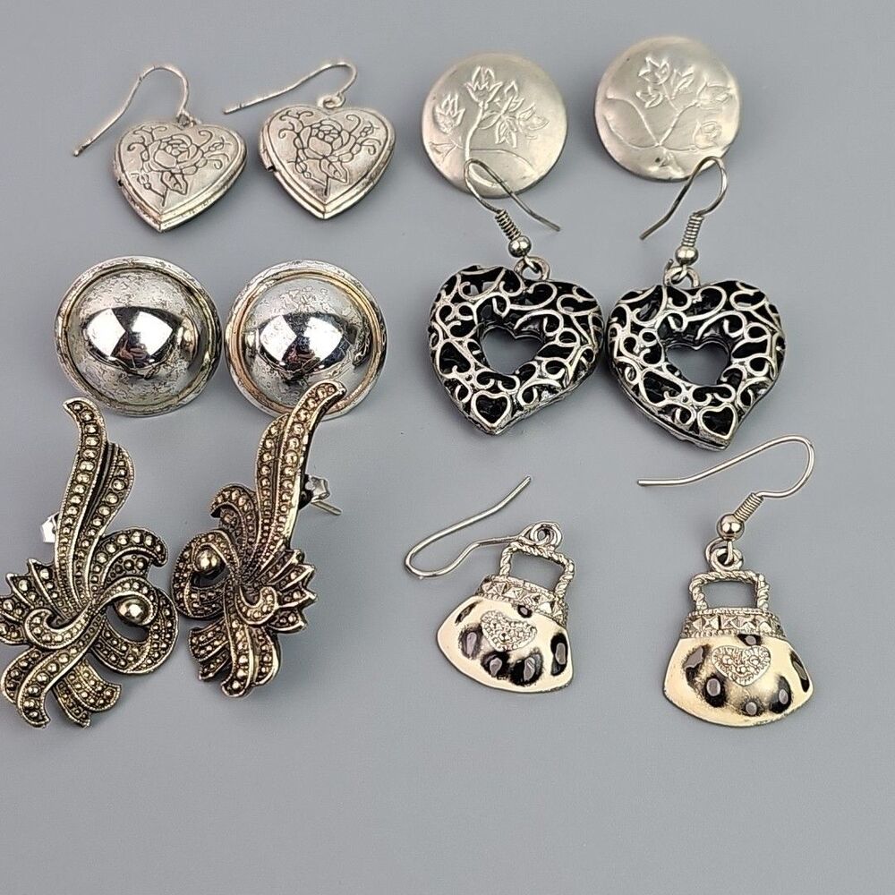 Vintage Silver Tone Metal Earrings Heart Floral Retro Pewter Dome Purse Lot of 6